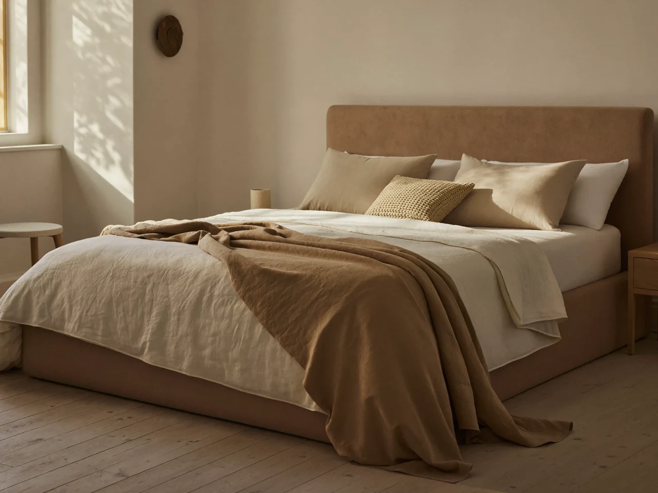 Camera dalla luce mattutina con letto vestito di biancheria in toni naturali