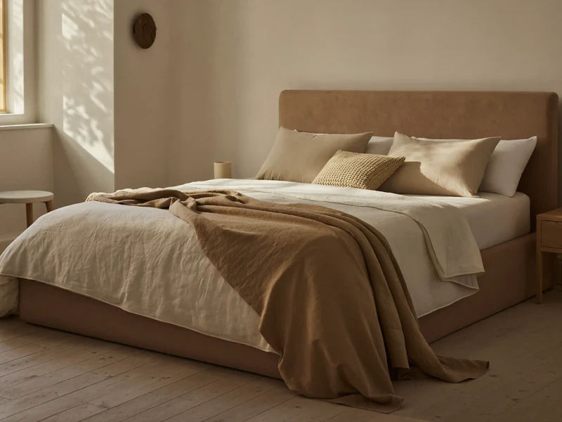 Camera dalla luce mattutina con letto vestito di biancheria in toni naturali