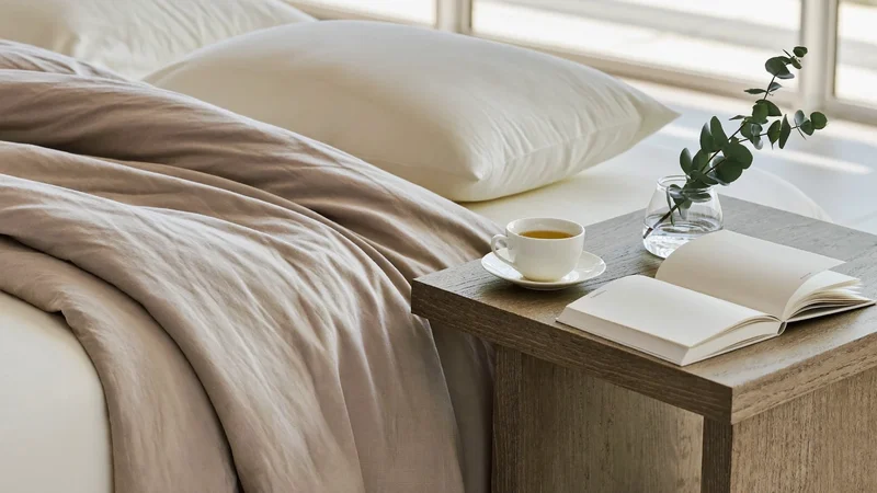 Comodino con letto sfatto, tazza in ceramica e libro nella luce della finestra